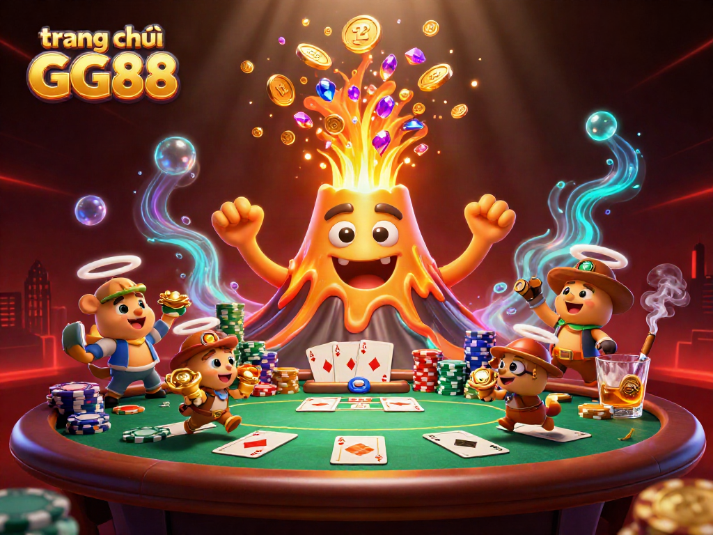 Engage with gameplay at trang chủ GG88 featuring a golden volcano erupting with treasure and poker scenes.