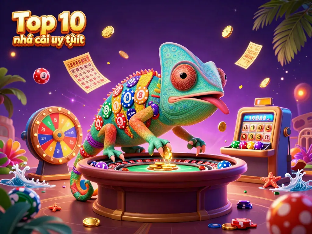 Engaging visuals of the Top 10 nhà cái uy tín showcasing vibrant casino elements and a colorful chameleon mascot.