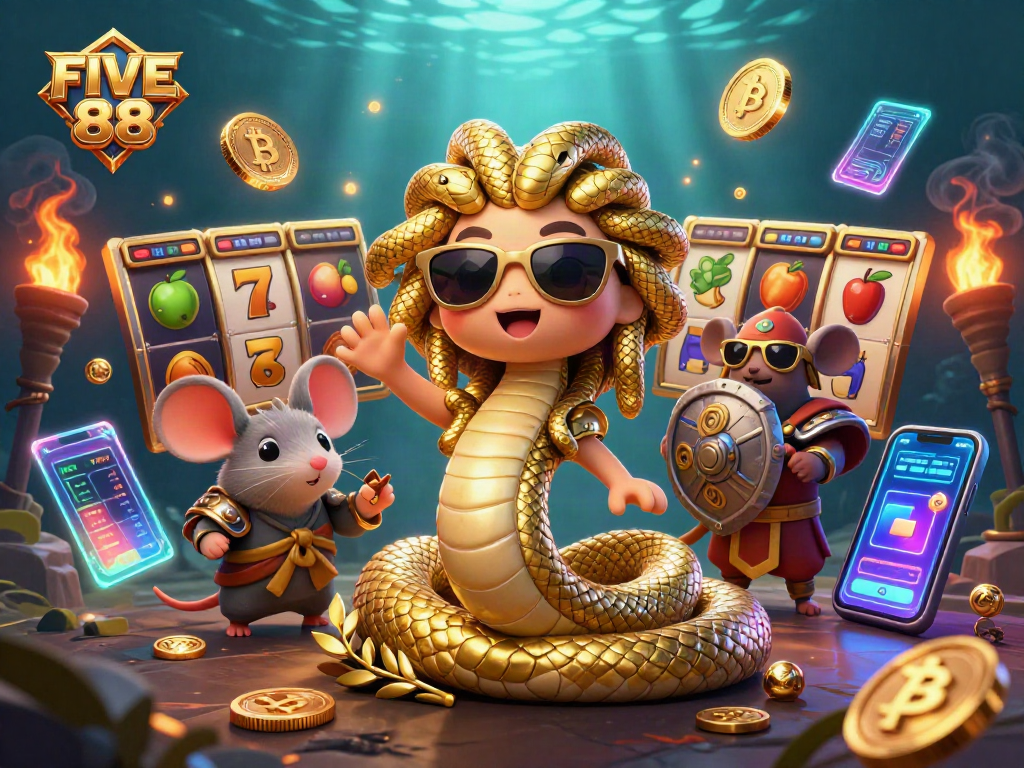 Win big with FIVE 88 in a vibrant casino scene featuring dynamic slot elements and golden characters.
