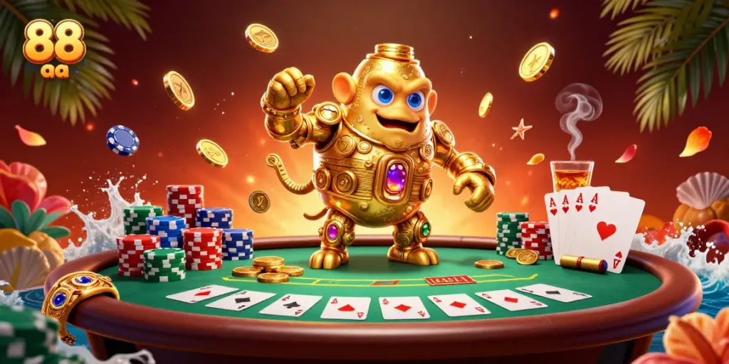 Engage in immersive gambling action with 88 aa's dazzling golden golem and colorful poker scene.