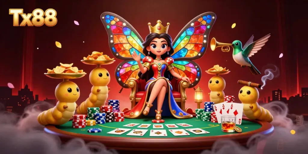 Experience Tx88's vibrant casino atmosphere with a playful butterfly queen amidst poker elements.