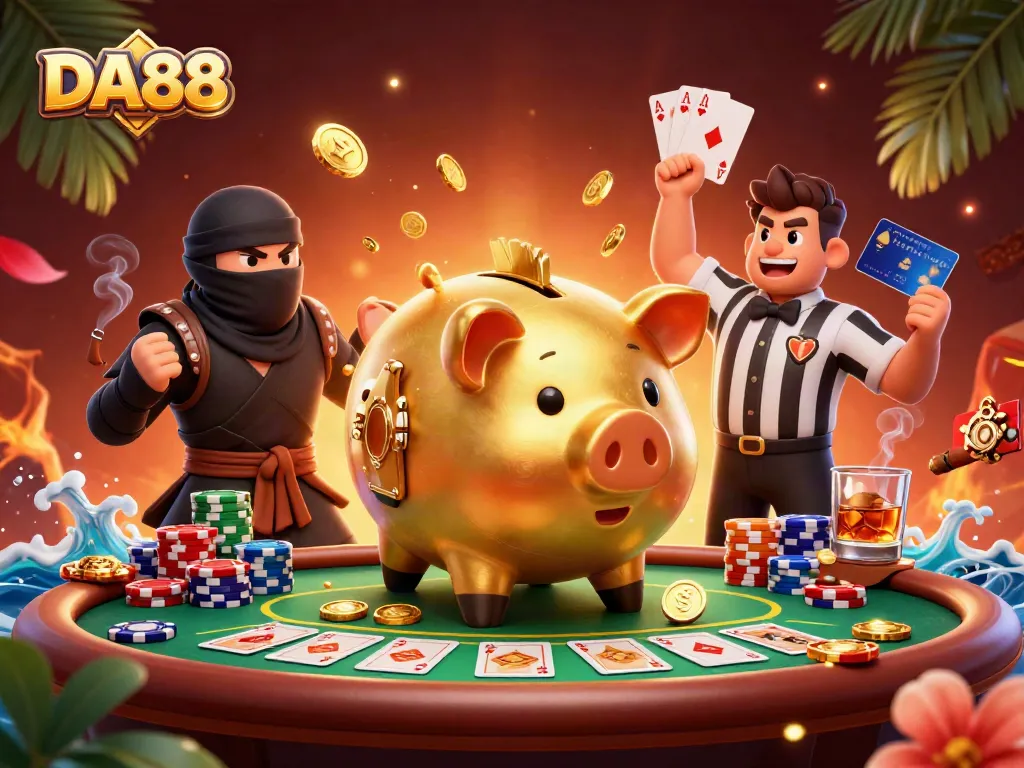 DA88 showcases vibrant 3D characters in a dynamic casino setting, embodying high-stakes action.