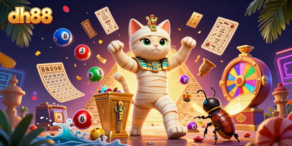 Experience thrilling gameplay with the dh88 Egyptian mummy cat bursting from a golden sarcophagus filled with lottery excitement.