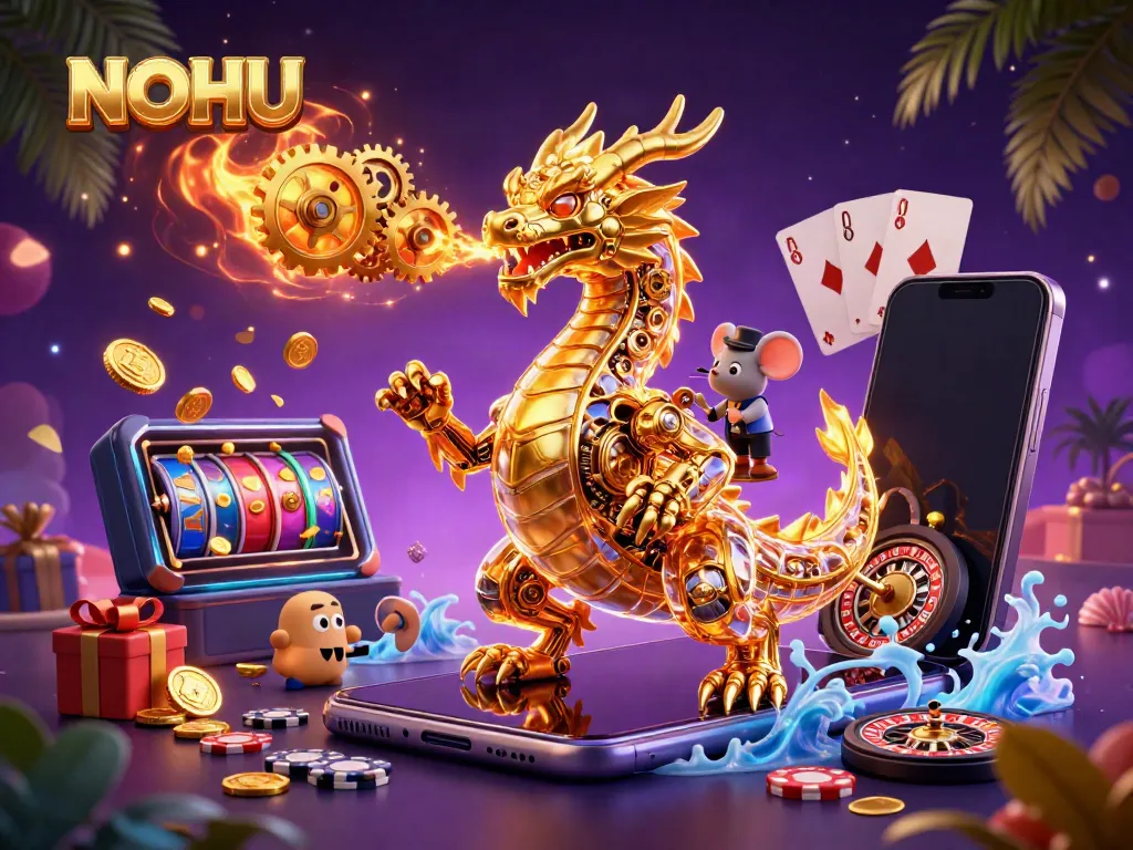 NOHU invites players into a dynamic gaming experience with a golden dragon and vibrant casino elements.