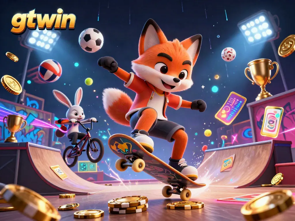 Engaging scene with gtwin's skateboarder fox and BMX-riding rabbit showcasing casino fun with dynamic action.