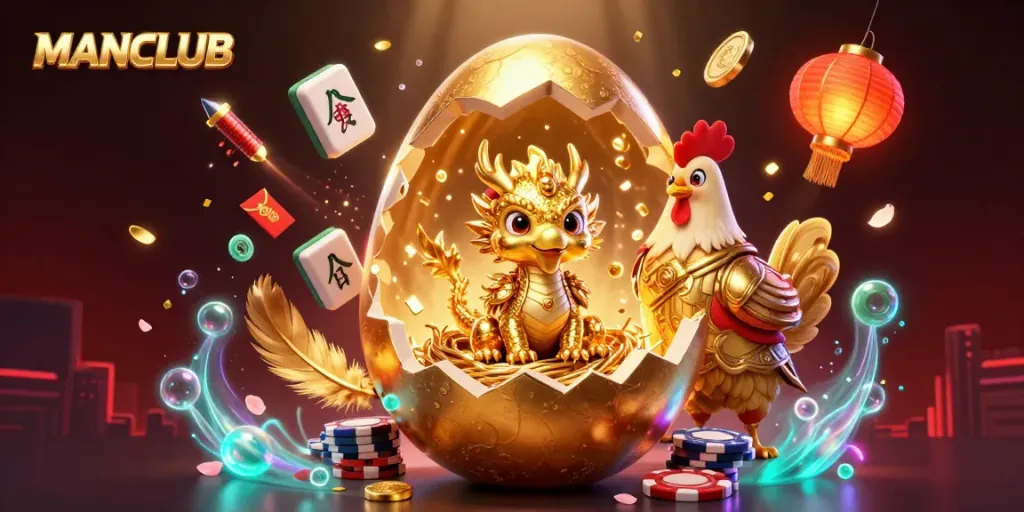 Engage with MANCLUB's golden dragon delivering poker chip jackpots amidst vibrant casino elements.