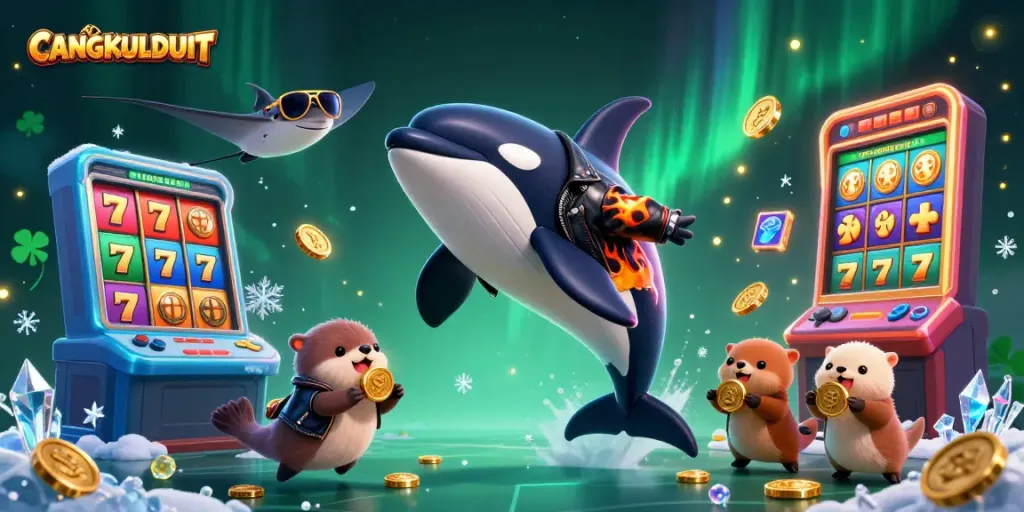 CANGKULDUIT thrills with 3D cartoon orca and stingray in a lively casino scene, showcasing dynamic slot reels and vibrant characters.