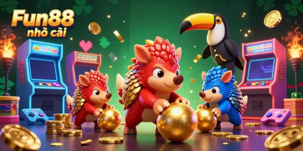 Engage with Fun88 nhà cái while rival pangolins compete in a vibrant 3D casino scene filled with golden chips and arcade elements.