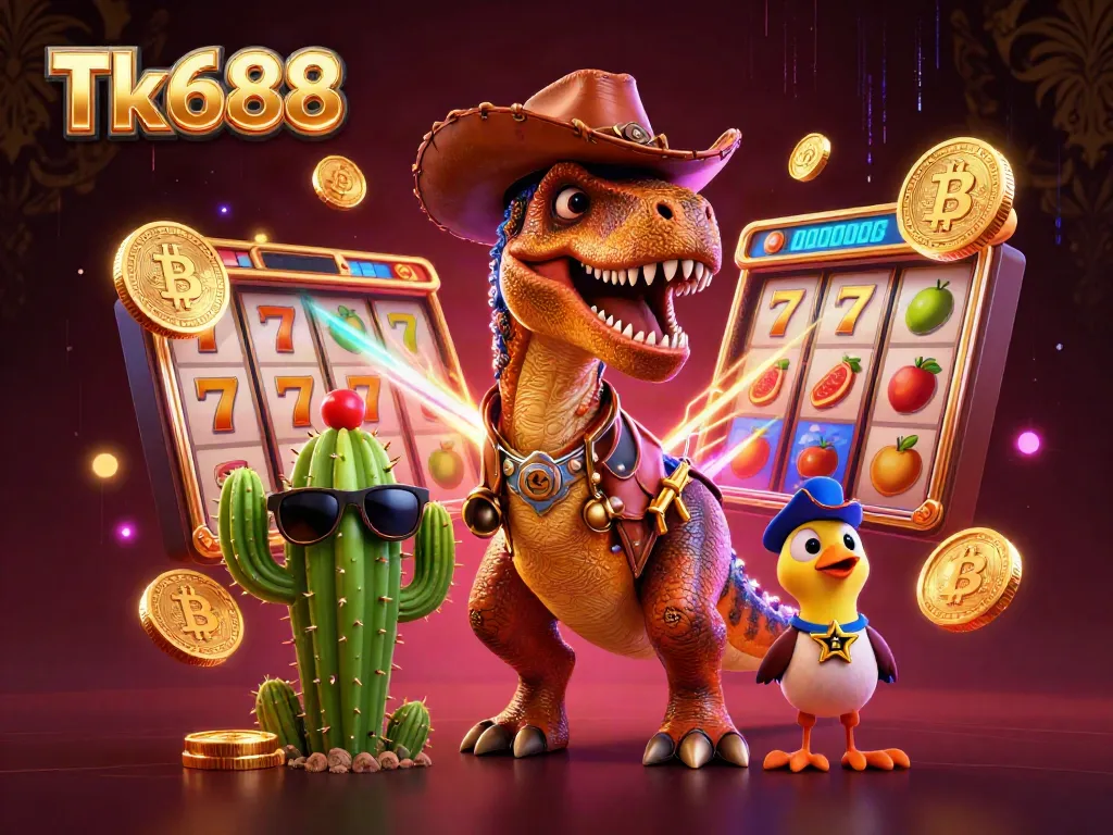 Experience thrilling gameplay with Tk688 featuring a T-Rex, cactus, and roadrunner in a vibrant casino scene.