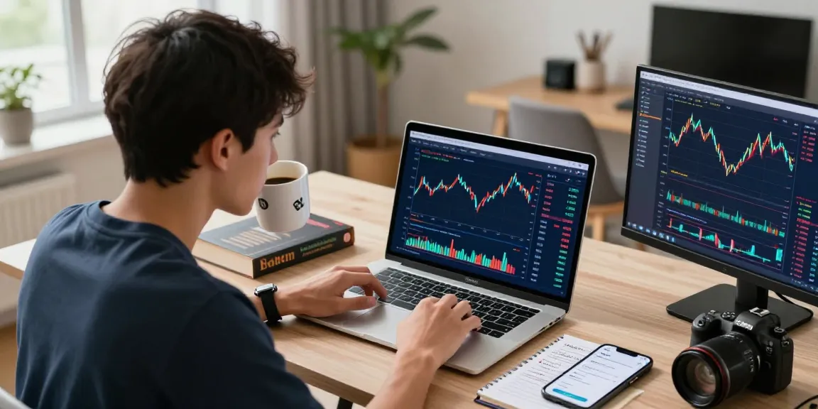 Engaging with the HTX Exchange Referral Code on a laptop in a vibrant trading environment, showcasing charts and cryptocurrency elements.