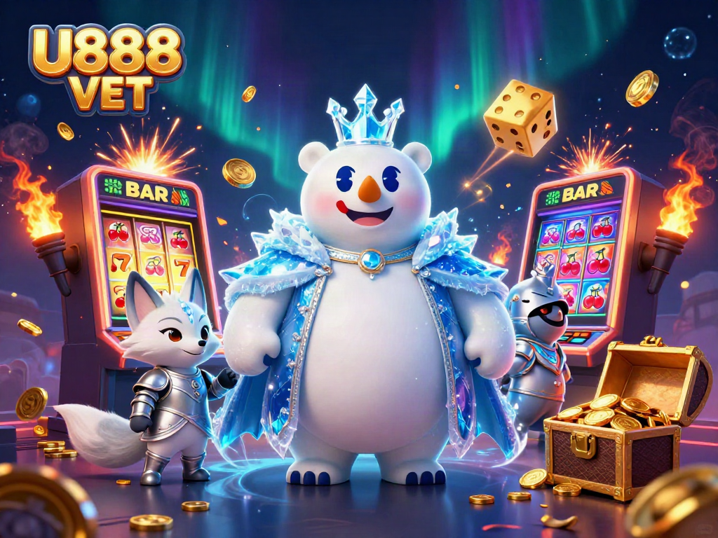 Engage with U888 VET in a thrilling casino atmosphere showcasing vibrant slot machines and animated characters.