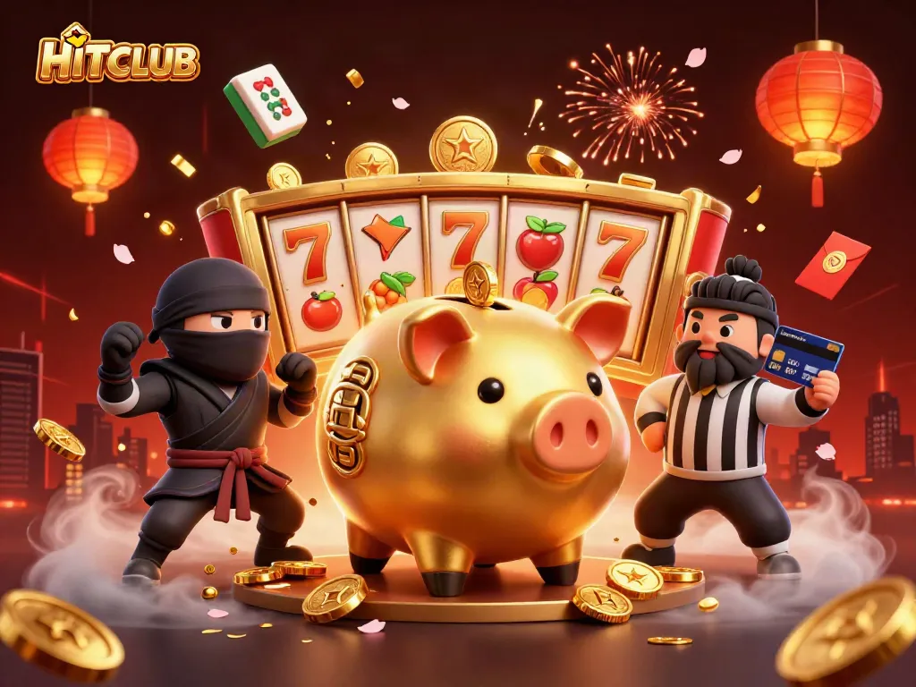 HITCLUB showcases a dynamic scene with a sumo wrestler, ninja, and referee amid lucky symbols.