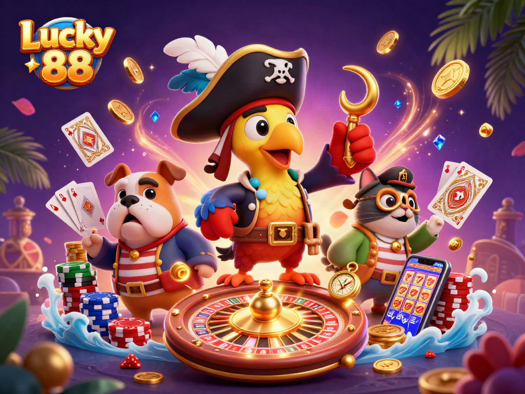 Play Lucky 88 with vibrant casino elements featuring characters in action.