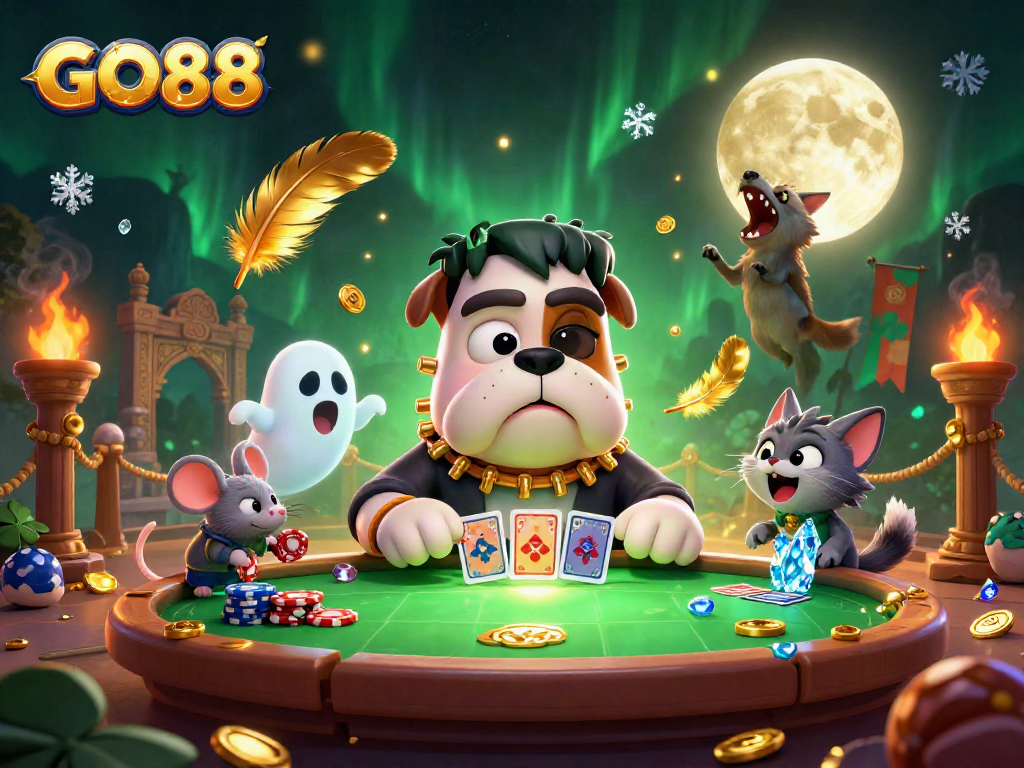 Engage with GO88's thrilling atmosphere featuring a Frankenstein bulldog dealer and lively casino elements.