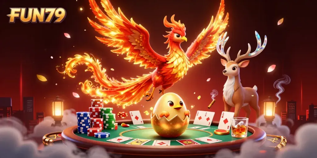 Experience the thrill of FUN79 with a spectacular scene showcasing a fiery phoenix surrounded by engaging casino elements.