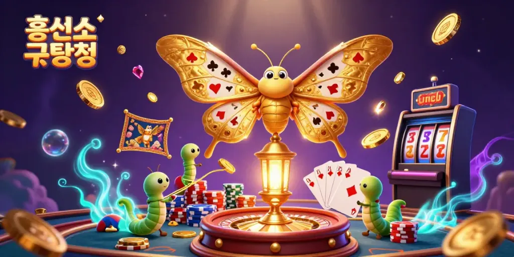 Engage with 흥신소 굿탐정, featuring a majestic moth amidst cascading coins and vibrant casino elements