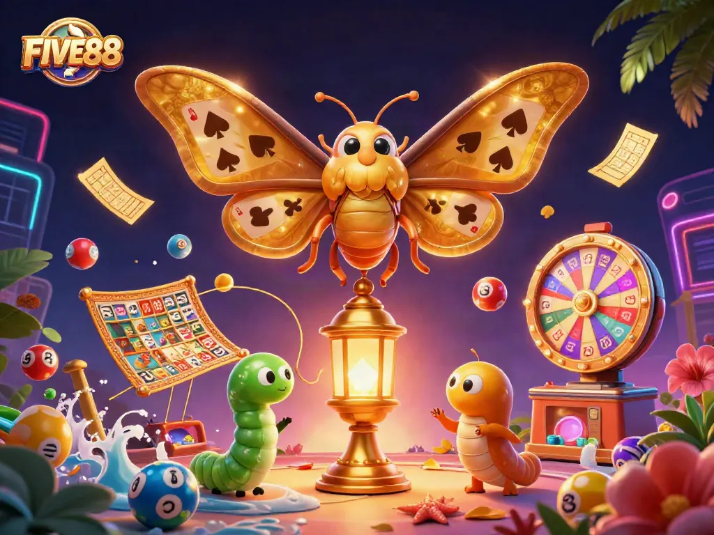 Experience dynamic casino excitement with FIVE88 as lottery balls and golden tickets dance around a vibrant scene.