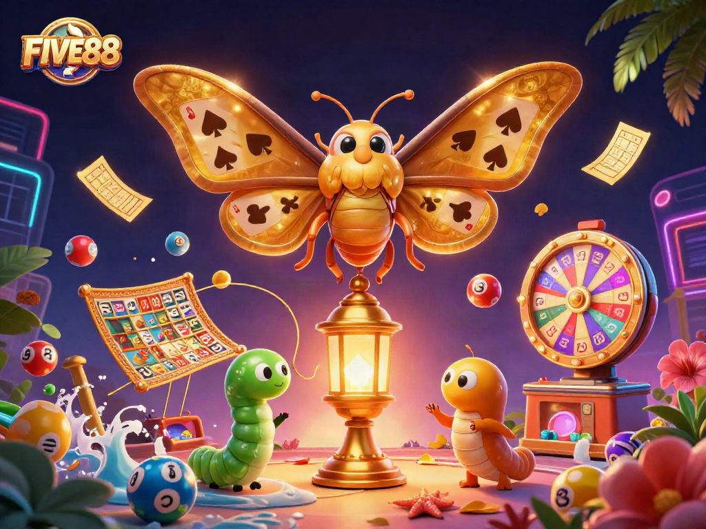 Experience dynamic casino excitement with FIVE88 as lottery balls and golden tickets dance around a vibrant scene.
