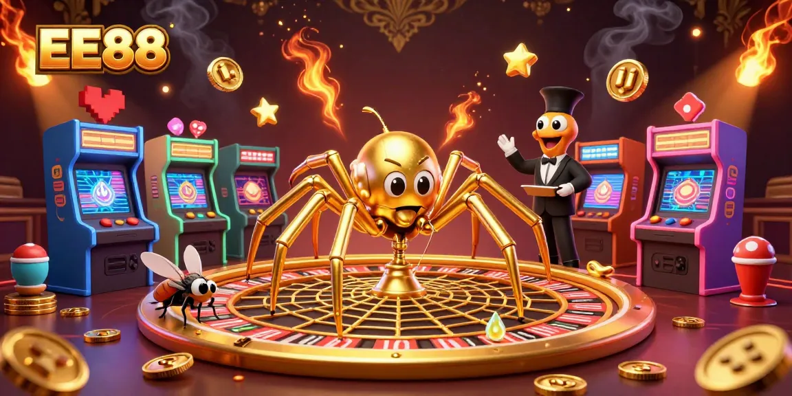 Spin the roulette with EE88: a vibrant, animated casino scene featuring a golden spider and a croupier.