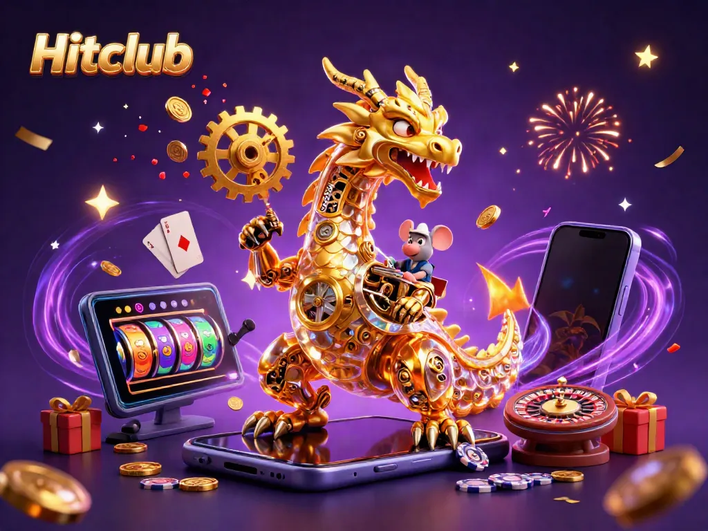 Engage with Hitclub's immersive gaming experience featuring rich visuals of a golden dragon and slot games.