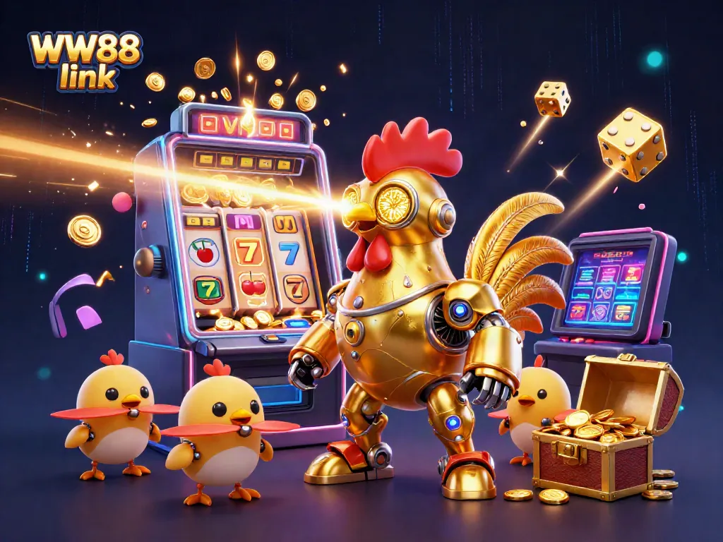 Dive into the excitement of WW88 link with a golden rooster robot and baby chick drones amidst a jackpot celebration!
