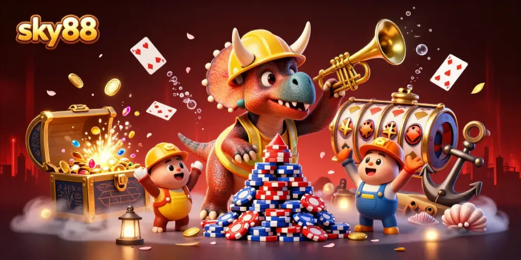Sky88 creates excitement as a triceratops builds poker chips while celebrating with vibrant casino elements.