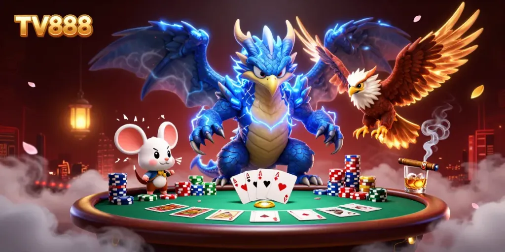 Engage with the vibrant TV888 casino scene featuring fantasy characters and poker elements.