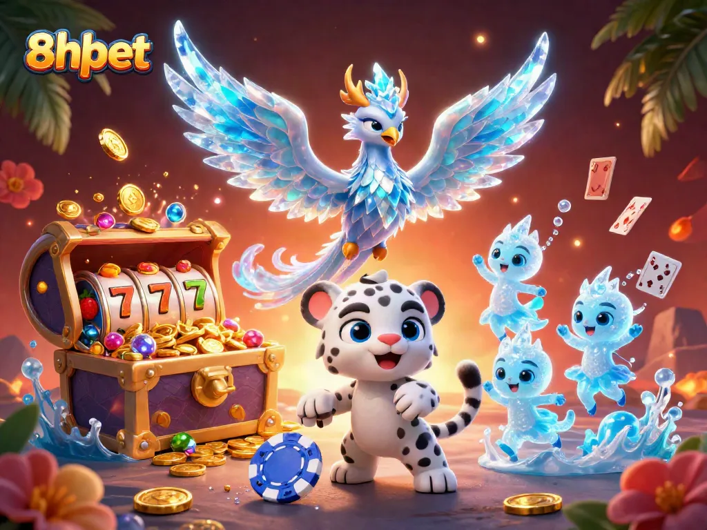 Engage with 8xbet's stunning 3D casino illustration showcasing vibrant characters amidst a treasure-laden slot extravaganza.