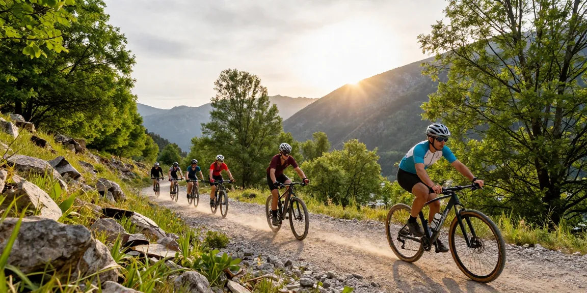 Cyclists enjoying a vibrant summer trail, showcasing dynamic ciclismo action.