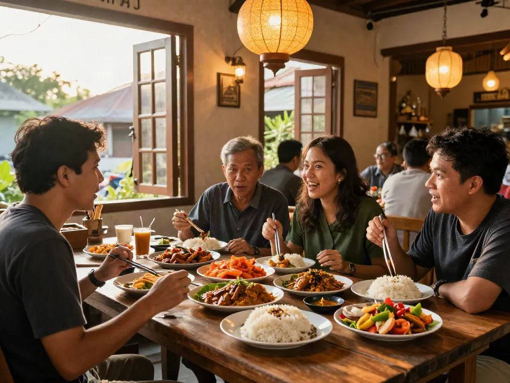 Guests at Rokok88 savoring authentic Nasi Kandar with vibrant curry dishes.