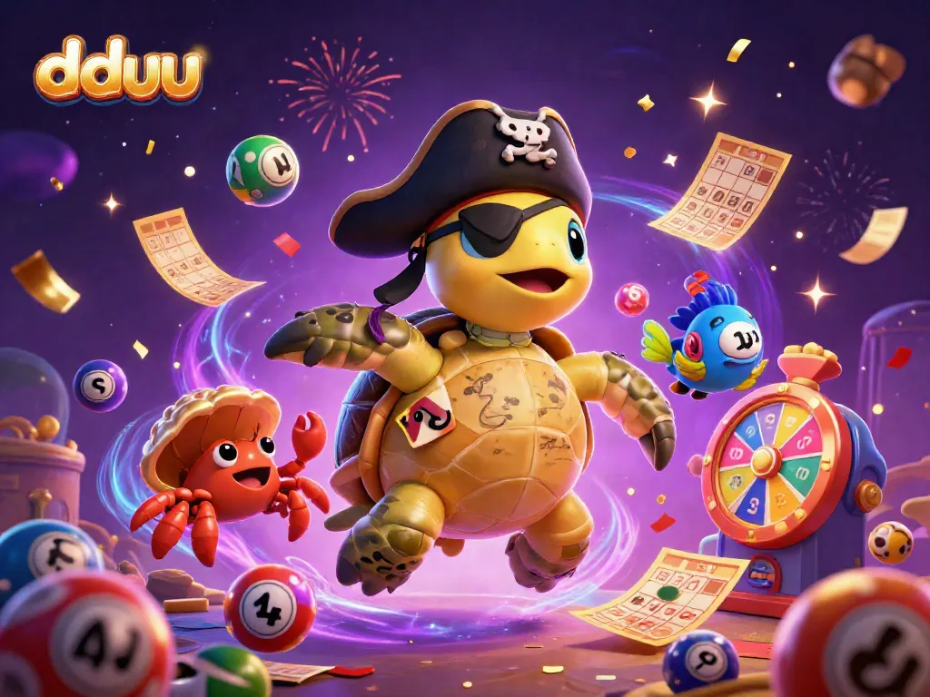 Engage in thrilling games with dduu as a pirate turtle, crab, and parrotfish celebrate above treasure.
