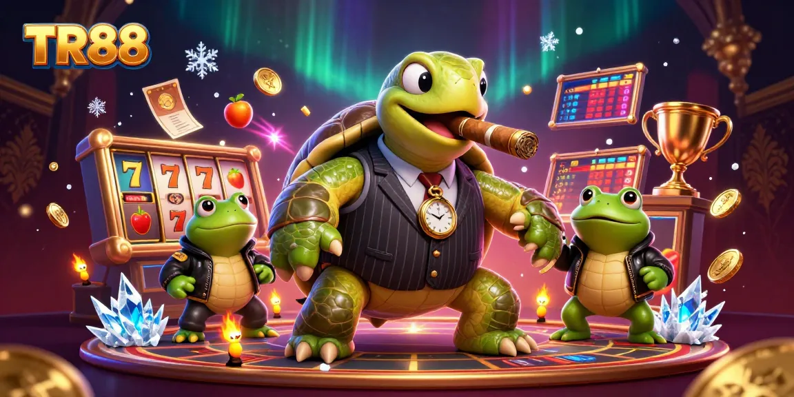 Engage with TR88 in a vibrant casino scene featuring a snapping turtle and bullfrog enforcers.