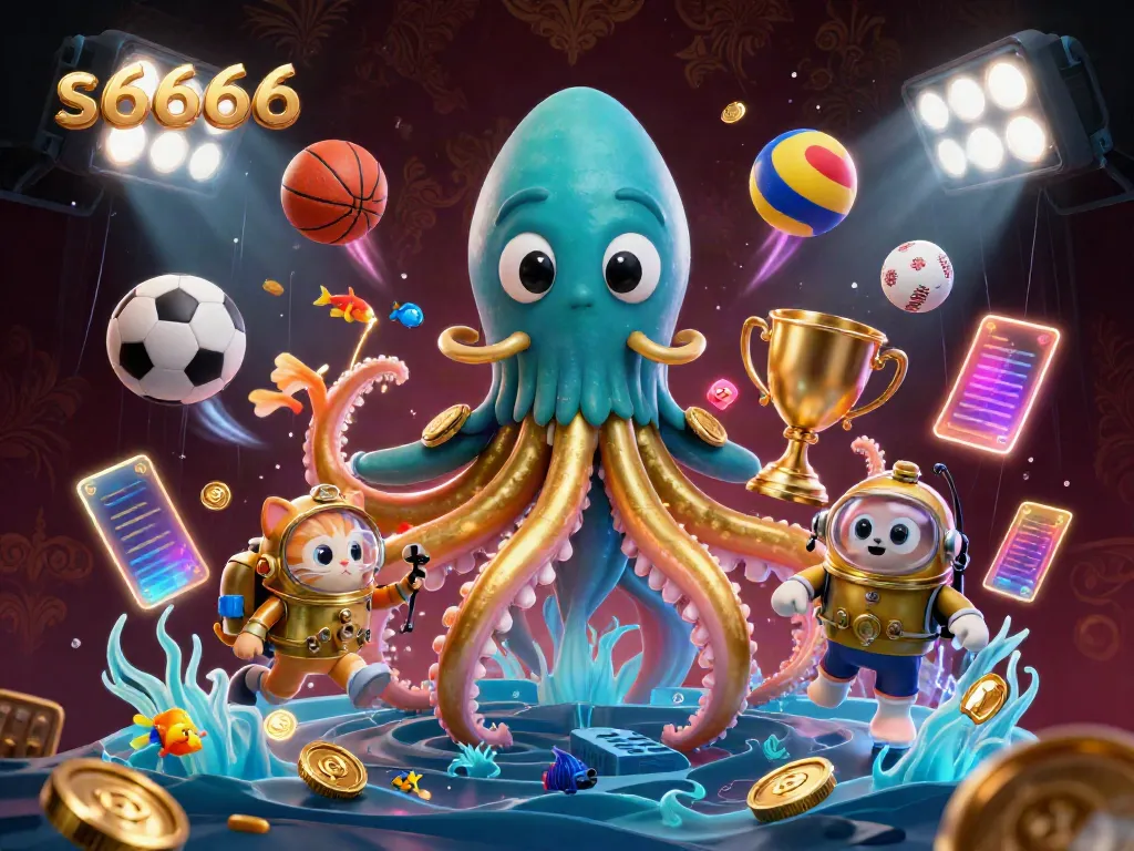 Enjoy a thrilling adventure with s6666, featuring a colossal kraken and a vintage diving cat amidst a treasure-laden ocean scene.