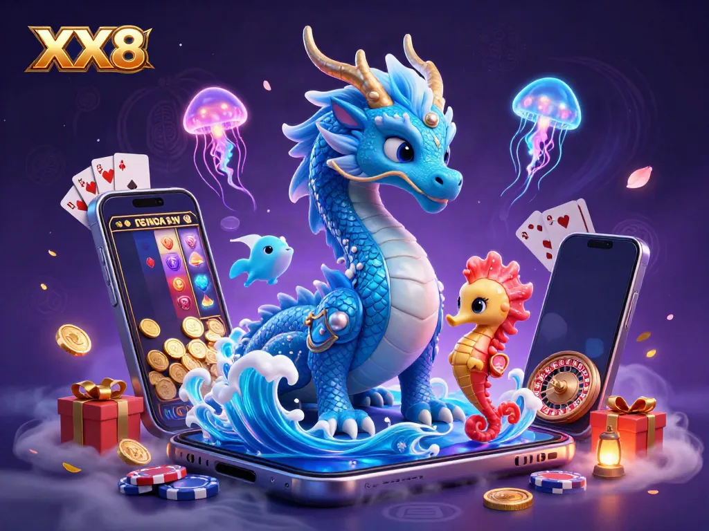 Experience immersive gameplay at XX8 with a vibrant casino-themed 3D illustration showcasing dragons, neon jellyfish, and slot games.
