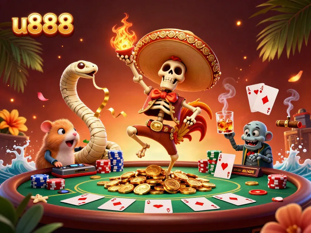 Watch the vibrant u888 scene come to life with a skeleton mariachi celebrating amidst poker excitement and gold.