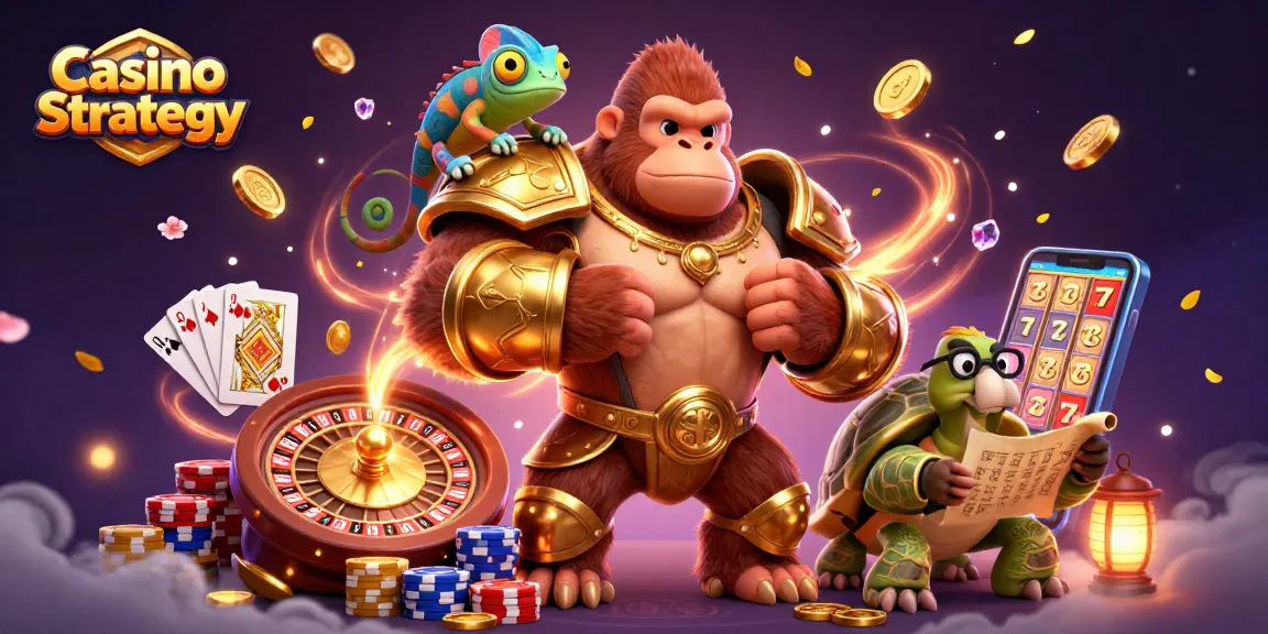 Engage in Casino Strategy with a gorilla king, chameleon, and tortoise in a vibrant 3D scene.