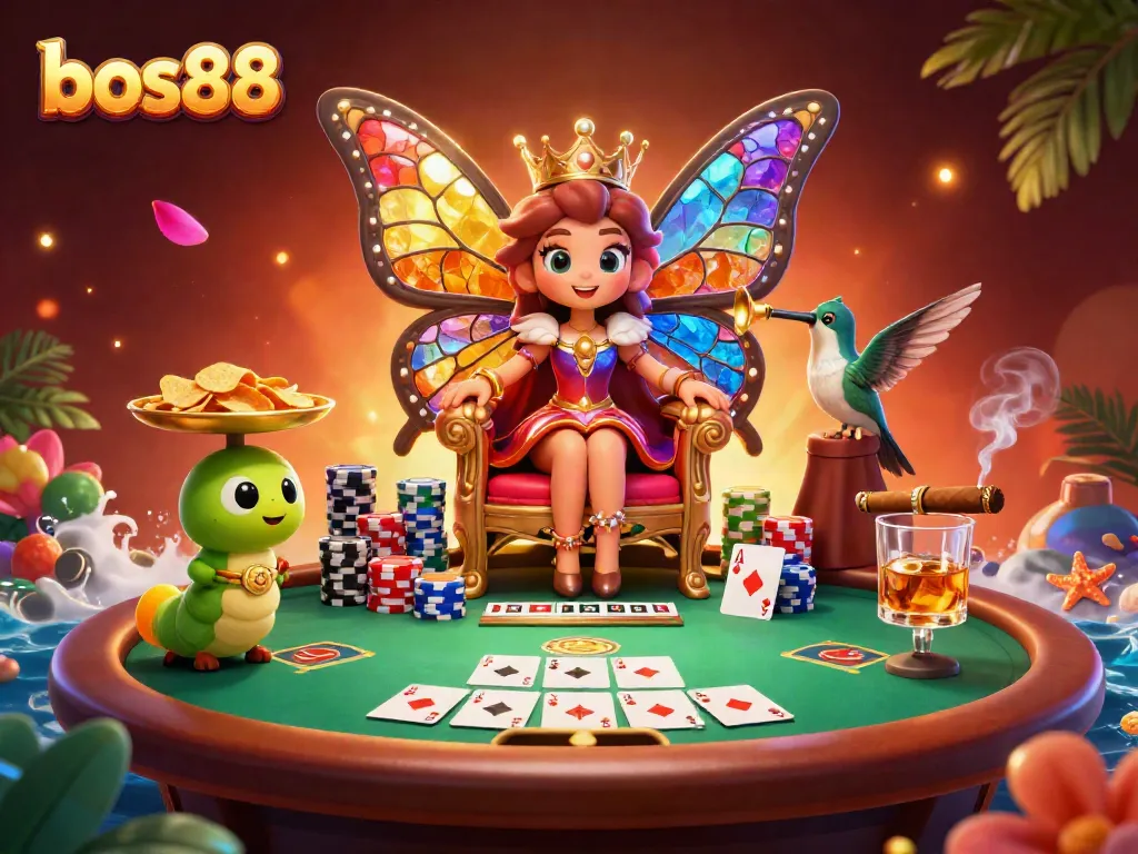Experience the vibrant entertainment of bos88 with a lavish scene of game symbols and joyful characters.