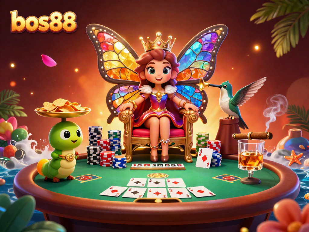 Experience the vibrant entertainment of bos88 with a lavish scene of game symbols and joyful characters.