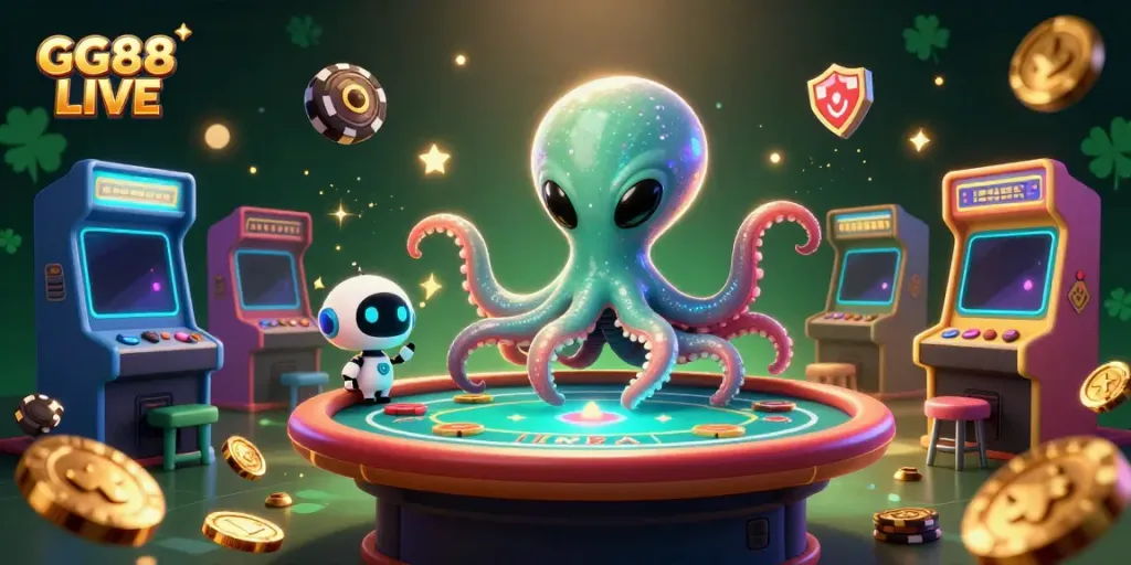 Engaging with GG88 LIVE, an alien octopus runs a holographic poker game amidst vibrant casino elements.