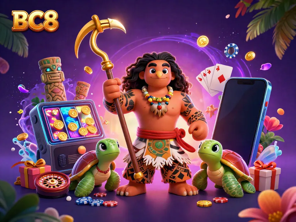 Play slot games with BC8 alongside a tattooed demigod and glowing tiki statues in a vibrant casino scene.