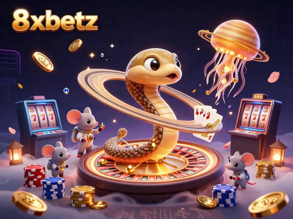 Engage in cosmic gambling with 8xbetz, featuring a Saturn snake roulette and astronaut mice betting.
