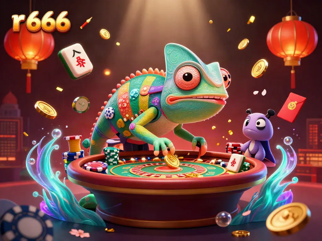 Engage with exciting casino action at r 666 with a vibrant chameleon host amidst colorful game elements.