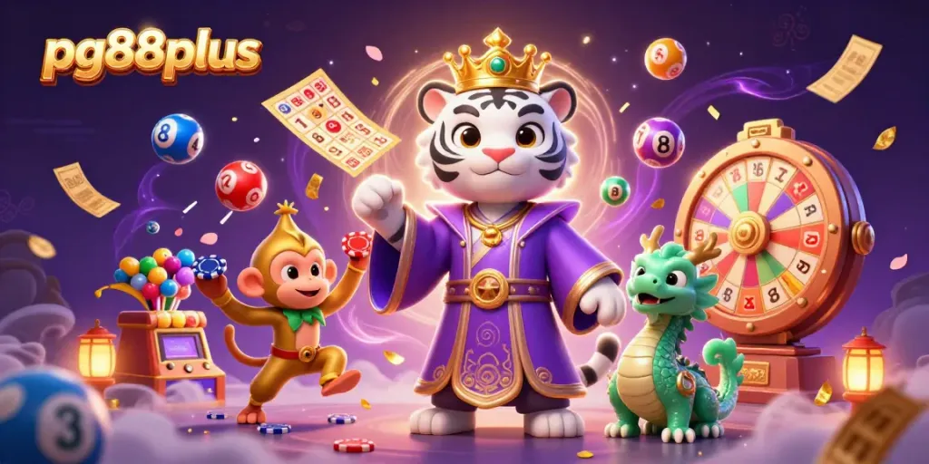 Engage with pg88plus in a vibrant 3D casino scene featuring a lively tiger, monkey, and magical elements.
