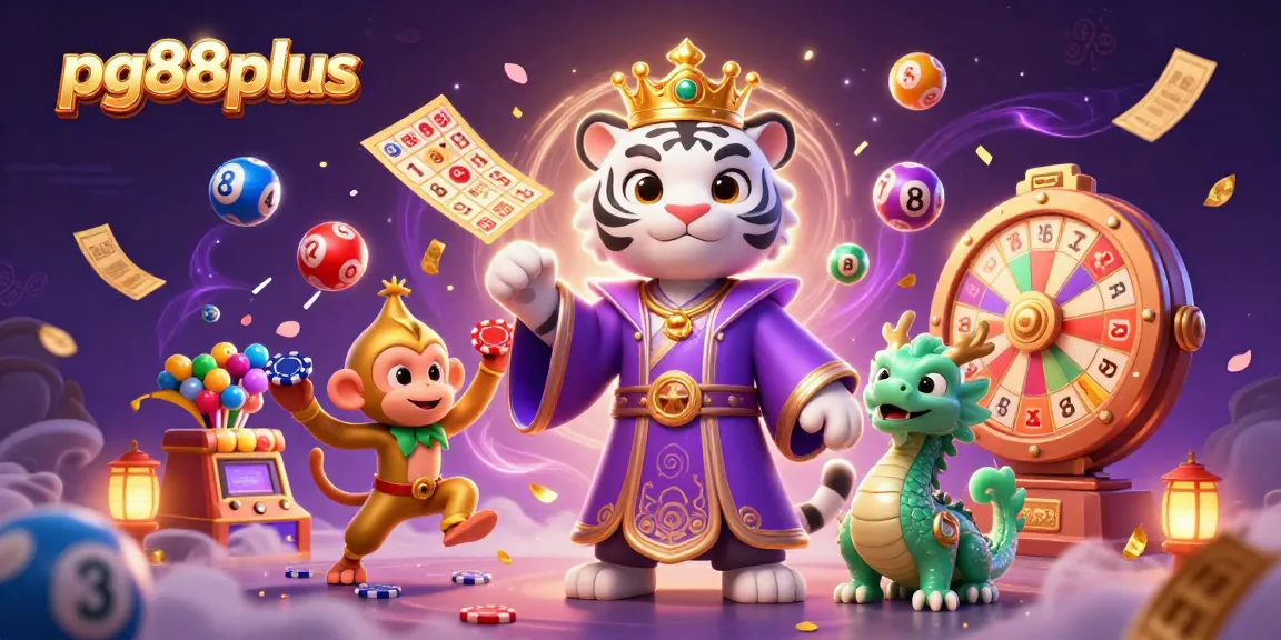 Engage with pg88plus in a vibrant 3D casino scene featuring a lively tiger, monkey, and magical elements.