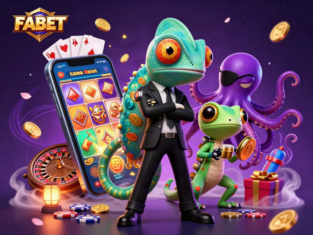 Experience vibrant winnings with FABET, featuring colorful slots and exciting characters in a dynamic casino scene.