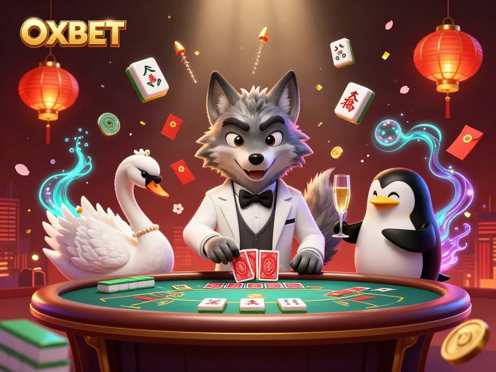 Bet on OXBET with a stylish wolf, swan dealer, and penguin sommelier in an ornate casino scene.