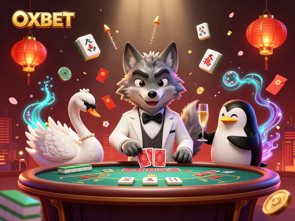 Bet on OXBET with a stylish wolf, swan dealer, and penguin sommelier in an ornate casino scene.
