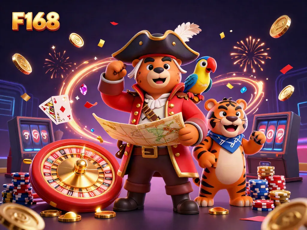 F168 online casino experience with pirate bear and tiger amidst colorful gaming elements