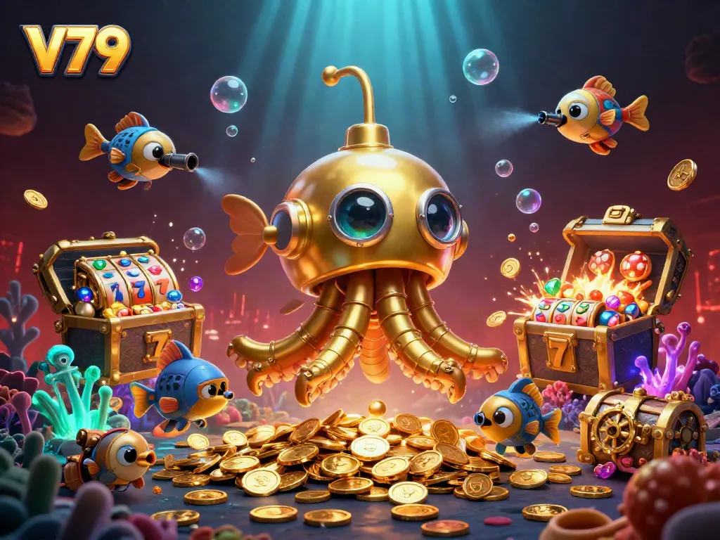 Engage with V79's vibrant casino experience, featuring animated treasure and gaming elements.
