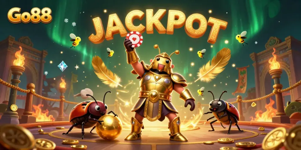 Go88 gambling scene featuring a heroic beetle character lifting a poker chip amidst vibrant casino elements.